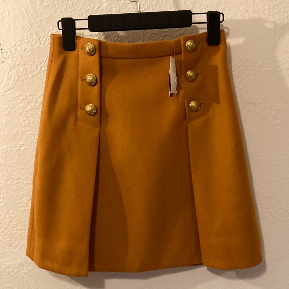 JCrew pleated button mustard mini skirt size 4 preppy wool lined skirt